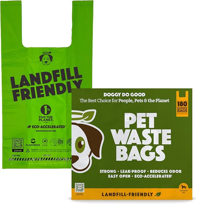 Doggy Do Good Landfill-Friendly Poop Bags | Dog Waste Bags Made with 50% Recycled Plastic + 15% Biobased Material | Unscented, Thick, Leak-Proof, Easy Open | Large | 180 Count Grab & Go Handle Bags