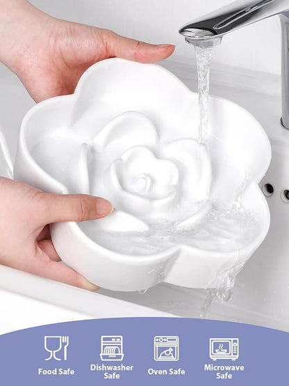 Ceramic Slow Feeder Dog/Cat Bowl, Anti-Choking Slow Food Bowls, 8" 11.3oz Slow Feeder for Medium, Large Breeds, Plum Puzzle Design, Non-Slip Silicone, Dishwasher and Microwave Safe, White