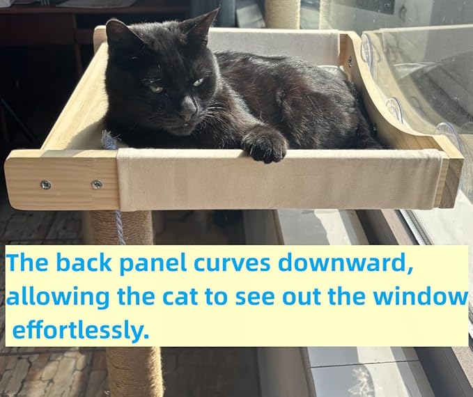 Cat Window Perch with Scratching Post Strong Supported - Large Hammock Bed for Cats Inside - Solid Wood Seat, Soft Cushion - Rustic Indoor Cat Tree Shelf for Sunbathing (Natural, Large 2)