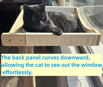 Cat Window Perch with Scratching Post Strong Supported - Large Hammock Bed for Cats Inside - Solid Wood Seat, Soft Cushion - Rustic Indoor Cat Tree Shelf for Sunbathing (Natural, Large 2)