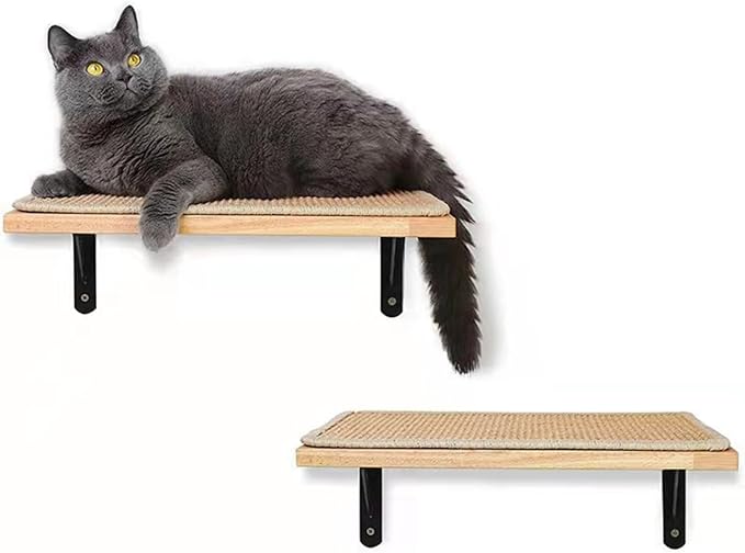 2 Pieces Cat Hammock Wall Mounted Floating Wall Shelf with Cat Scratching Mat Thick Solid Wood Cat Tree for Cat (2 Pieces Hammock)