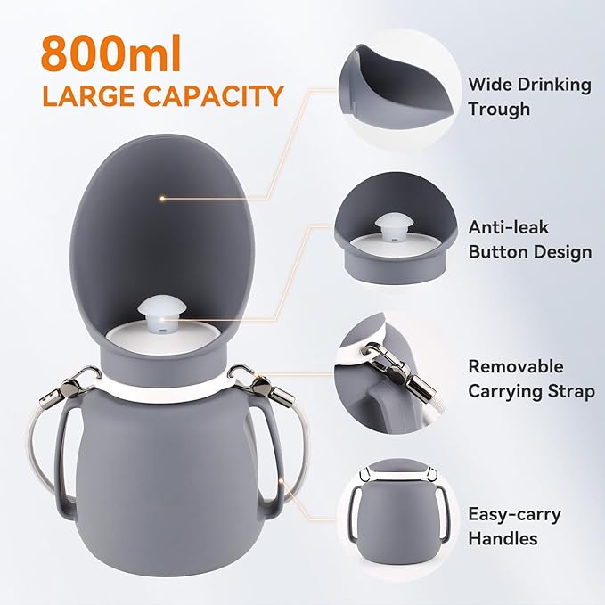 Dog Water Bottle 27 OZ Large Capacity Dog Travel Water Bottle with Drinking Trough Pet Drinking Feeder for Outdoor Walking/Hiking/Travel, Grey