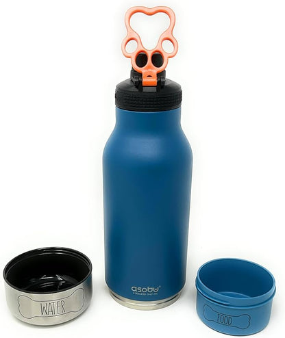 Asobu Dog Buddy Bottle - Stainless Steel Insulated Water Bottle for Humans with Removable Dog Bowl and Food & Treat Storage - 34 Oz, 2 Pack (Blue/Black)