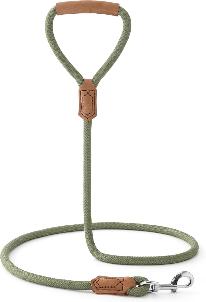 Mile High Life Leather Dog Leash, Heavy Duty Strong Genuine Leather Handle Rope Leash Soft and Comfortable for Small Medium Large Dogs (Olive Green, 48 Inch)