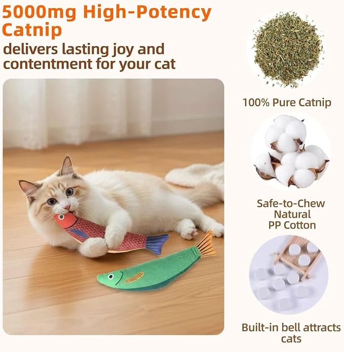 5 Pcs Catnip Toys for Indoor Cats, Hanging Tomato Toy with Hook, Natural Silvervine Chili & Dino Rope for Kitten Teething, 2 Plush Fish for Hairball Relief & Anxiety, Dental Chew Set