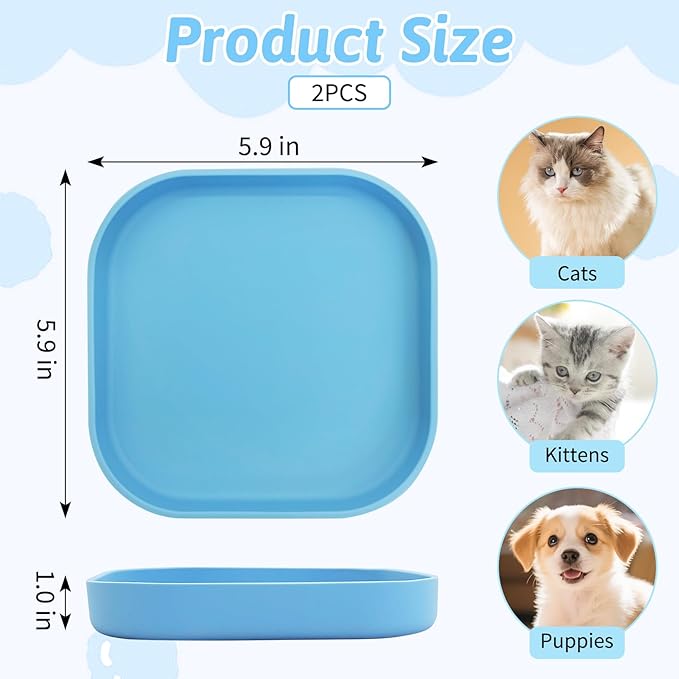 Fhiny 2PCS Silicone Cat Bowls Set 5.9 x 5.9 in Shallow Dog Dish Whisker Friendly Cat Food Plate for Dry & Wet Food Dishwasher Safe Non-Slip Pet Feeding Bowls for Kittens and Puppies (Blue)