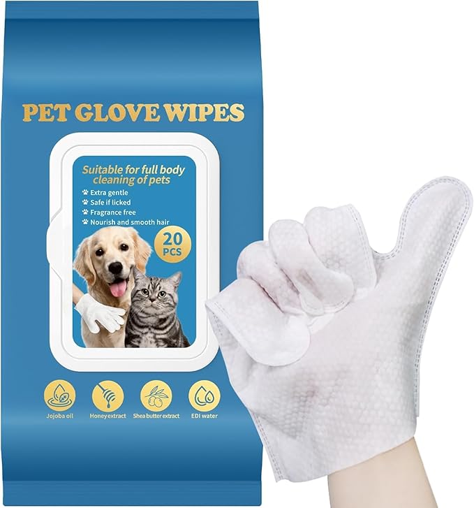 Pet Glove Wipes for Dogs & Cats, No Rinse Full Body Cleaning Large Gloves (9.84 x 9.05 inch), Gentle Grooming for Paws Face Ears Eyes Coat, Alcohol Free, 20 Count