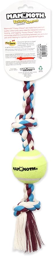Mammoth Flossy Chews Color 3 Knot Tug w/Standard Tennis Ball – Premium Cotton-Poly Tug Toy for Dogs – Interactive Rope Dog Toy 20” - 2 Pack Assorted Colors