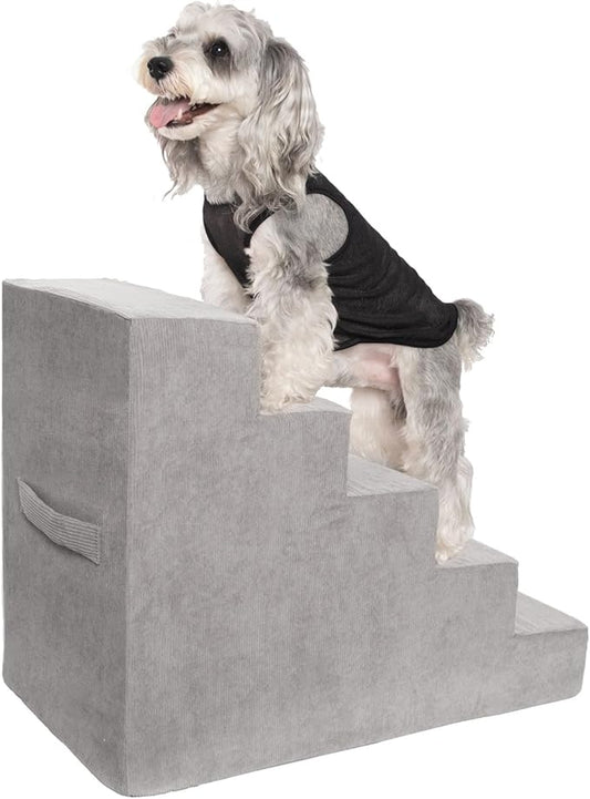MEWANG 22.83''H Dog Stairs for Small & Medium Dogs and Old Cats – 5 Steps High-Density Foam Pet Ramp for Bed & Couch, Non-Slip, Washable Cover, Grey (Square Corner, 29.92''L×15.75''W×22.83''H)