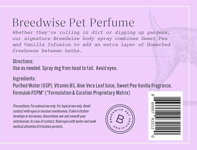 Breedwise Dog Perfume Spray - Sweet Pea & Vanilla Long Lasting Dog Cologne for Odor Neutralizing - Gentle Puppy Deodorizer & Grooming Mist for All Breeds - Made in USA (4 Oz)