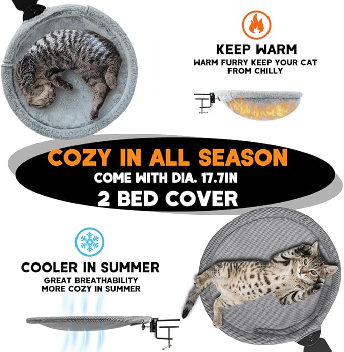 Cat Perch Nest Attach to Desk - Cozy 2 in 1 Office Mount Kitty Hammock with Net Cover for Summer Cool, Mounted by Enhanced Clamp Attachment, Support up to 60lbs, Ideal Co Worker Gift