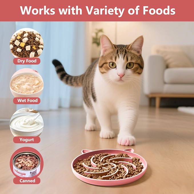 2Pcs Slow Feeder Cat Bowl,Puzzle Feeder,Interactive Toys,Slow Feeding cat Bowl Suitable for All Dry and Wet Foods,Easy to Clean Silicone Bowls (Grey and Pink)