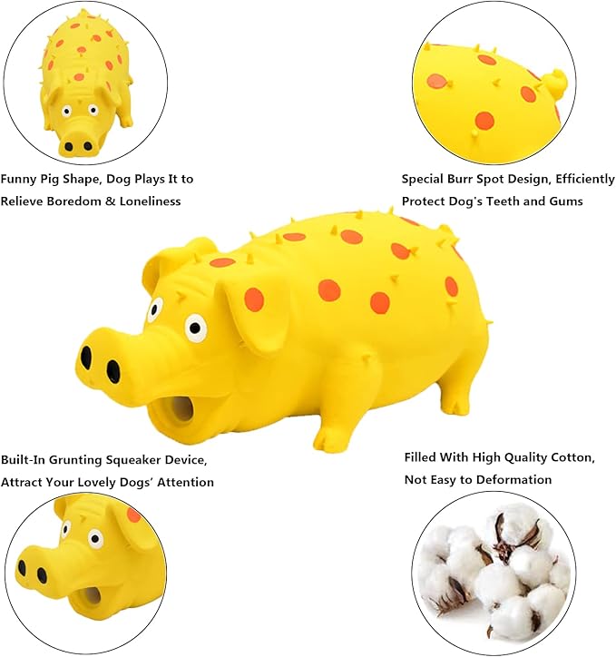 Pig Squeaky Dog Toy, 2 PCS Interactive Rubber Dog Chew Toy - Durable Latex Spot Grunting Pig Toys that Oink for Small Medium Large Dogs (Yellow, Green)