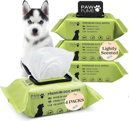 Pawfume Dog Wipes 4 x 100 Count, Pet Wipes – Hypoallergenic & Gentle Dog Wipes for Eyes, Face, Butt, and Paws – Cleaning & Deodorizing, Grooming Tear Stain Wipes for Puppy, Adult Dogs & Cats