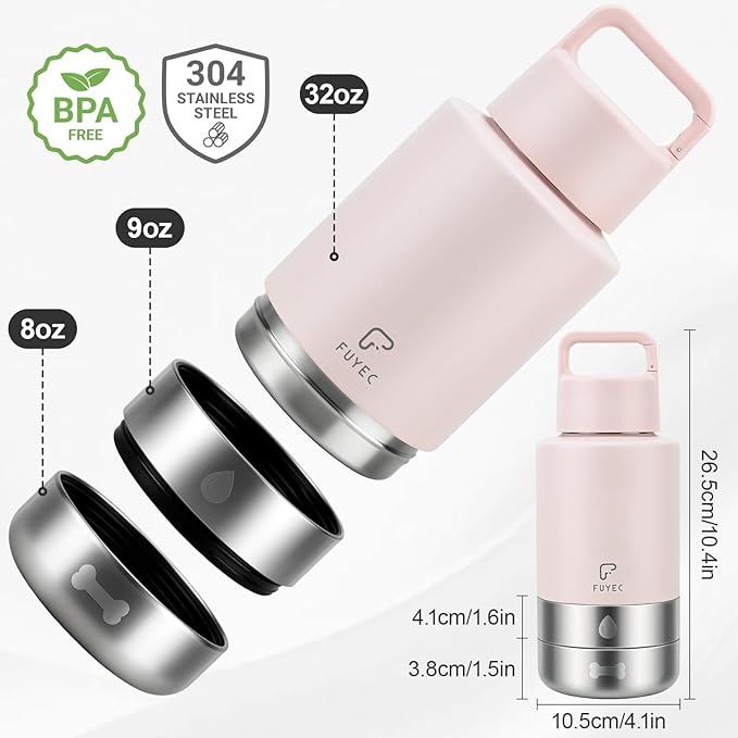 Dog Water Bottle 32oz, Insulated Stainless Steel Travel Water Dispenser with 2 Detachable Dog Bowls for Food and Water, Leak Proof Portable Pet Drinking Cup for Walking Hiking Camping
