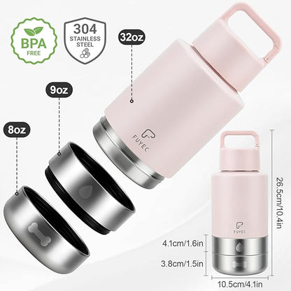 Dog Water Bottle 32oz, Insulated Stainless Steel Travel Water Dispenser with 2 Detachable Dog Bowls for Food and Water, Leak Proof Portable Pet Drinking Cup for Walking Hiking Camping