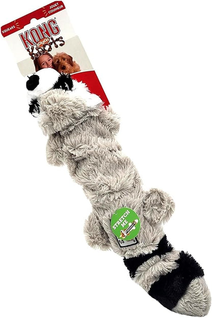 KONG Scrunch Knots 2 Pack Dog Toy – Stuffing-Free Plush with Internal Knotted Ropes & Squeaker – Durable Tug & Chew Toy (Raccoon, Medium/Large)
