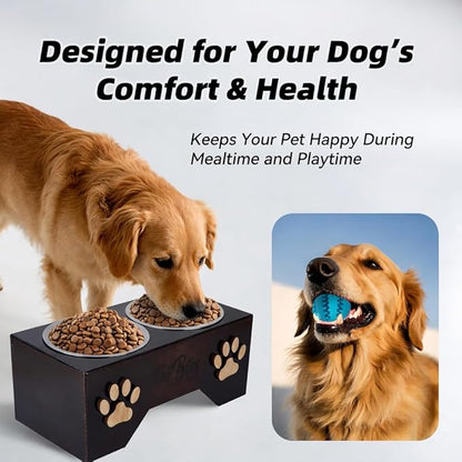 Raised Dog Bowls for Medium & Large Dogs – Wooden Elevated Dog Feeder Stand with 2 Stainless Steel Bowls + Chew Treat (14” x 7” x 6”)