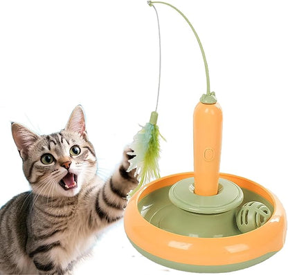 Interactive Cat Toys for Bored Indoor Cats, Automatic Cat Toy 3-in-1 Smart Teaser Wand Featuring Spinning Feather&Rolling Ball Track,Cats Dancer Toy Stimulates Hunting Instincts,Weight Control，Yellow