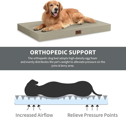 Outdoor Dog Bed for Small Dogs & Cats, Waterproof Dog Crate Mat Orthopedic Egg Crate Foam with Washable Removable Oxford Cover, Khaki