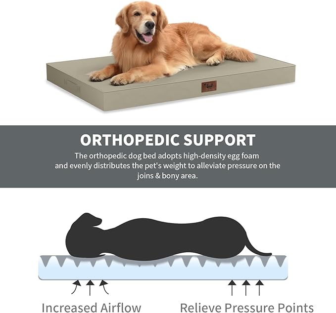 Outdoor All Weather XL Dog Bed, Waterproof Pet Bed for Extra Large Dogs, Orthopedic Egg Crate Foam with Removable Washable Oxford Cooling Cover, 44x32 Inch, Khaki