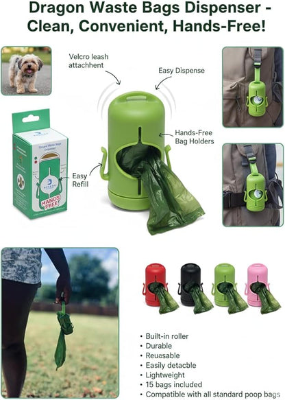 DRAGON Waste Bags Durable Dispenser, Dog poop bags holder with Two Hooks on the side for Used Poop Bags, leash attachment strap and 15 Poop Bags (RED)