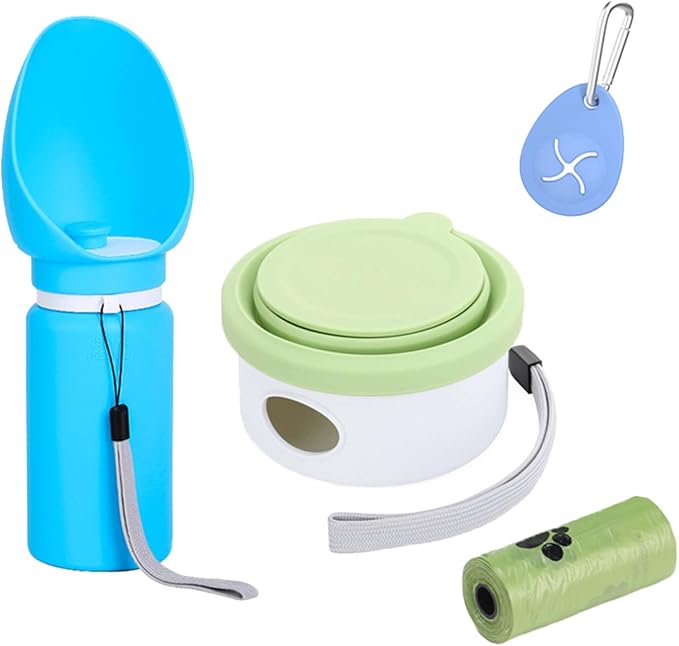 LINMENGSHU The Foldable Dog Water Bottle and 3-in-1 Snack and Garbage Bag Storage Box are the First Choice for Outdoor Activities, Equipped with 1 roll of Garbage Bags and a Garbage Hanging Ring.