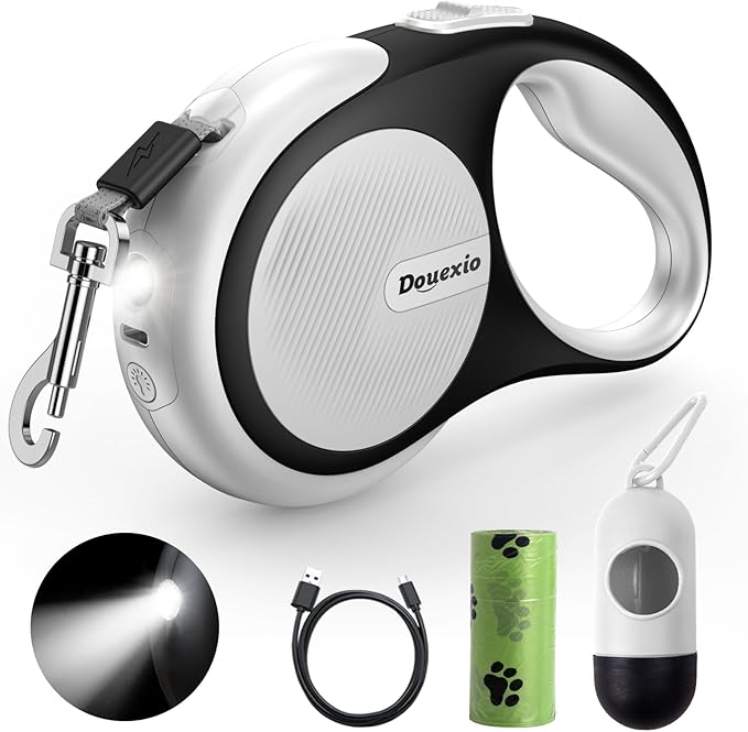 Retractable Dog Leash with LED Flashlight, Douexio Upgrade 3 in 1 Dog Leash Retractable for Small Medium Dogs Up to 66 lbs, Anti-Slip Handle (White)