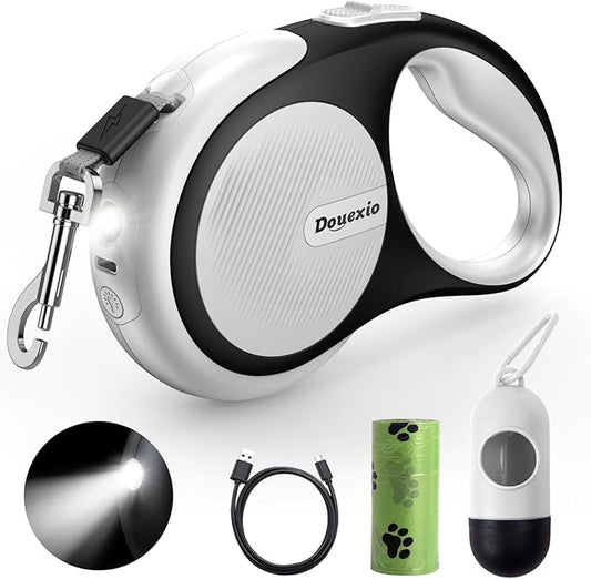 Retractable Dog Leash with LED Flashlight, Douexio Upgrade 3 in 1 Dog Leash Retractable for Small Medium Dogs Up to 66 lbs, Anti-Slip Handle (White)