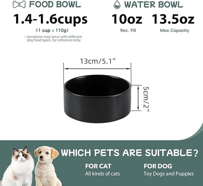 Ceramic 5.1inch Set of 2 Dog and Cat Bowls, Food and Water Feeder for Small Breed Dogs, Kitty, Cats, 2pcs Dog & Cat Dishes(2 Bowls, Black)