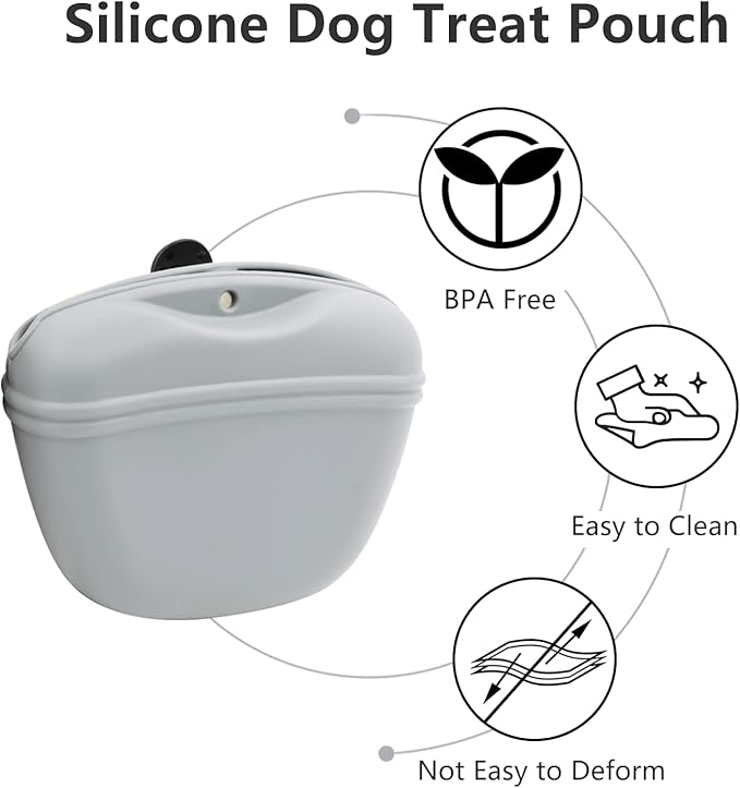 Dog Treat Pouch 2 Pack, Dog Treat Training Pouch, Silicone Pet Treat Bag BPA Free/Clip/Magnetic Dog Walk (Grey & Black & Clickers)