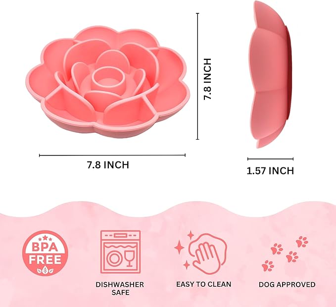 Rose Slow Feeder Dog Bowl for Medium & Large Dogs, Silicone Anti-Gulping Dog Feeder with Suction Base, Non-Slip Slow Eating Design (Pink)