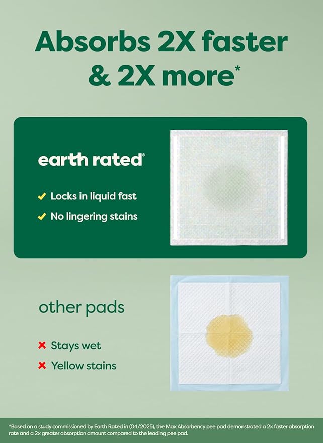 Earth Rated Puppy Pads, Max Absorbency Pee Pads for Dogs, Absorbs 2X Faster & 2X More, Leak Prevention, Potty Training, Fragrance-Free, Unscented, Regular [L], 22” x 23”, 75 Count