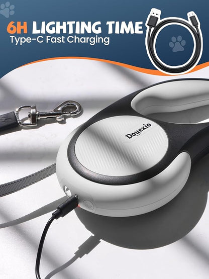 Retractable Dog Leash with LED Flashlight, Douexio Upgrade 3 in 1 Dog Leash Retractable for Small Medium Dogs Up to 66 lbs, Anti-Slip Handle (White)