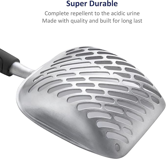WePet Cat Litter Scoop, Aluminum Alloy Sifter, Kitty Metal Scooper, Deep Shovel with Diagonal Sifting Hole, Long Handle, Kitten Poop Lifter for Litter Box, Medium Size, Black Handle
