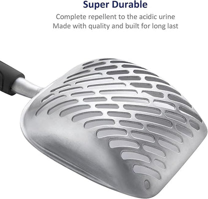 WePet Cat Litter Scoop, Aluminum Alloy Sifter, Kitty Metal Scooper, Deep Shovel with Diagonal Sifting Hole, Long Handle, Kitten Poop Lifter for Litter Box, Medium Size, Black Handle