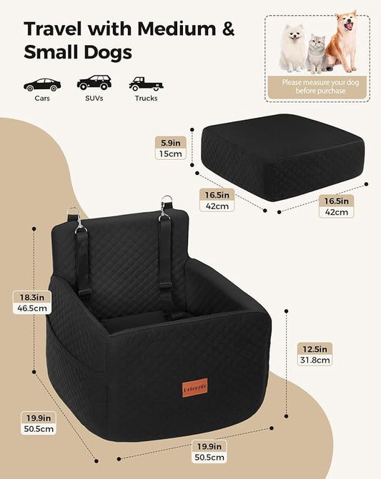 Dog Car Seat for Small & Medium Dogs Under 35lbs, Detachable & Washable Pet Car Seat, Interior Height 6 Inches Dog Booster Seat with Storage Pockets and 2 Dogs Safety Belts (Black)