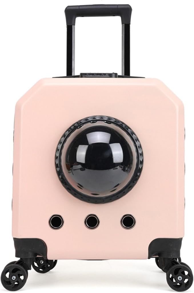 Double Compartment Pet Luggage with Wheels Cat Dog, Telescoping Handle Breathable Transparent Cover for Small and Medium Animals (Pink)