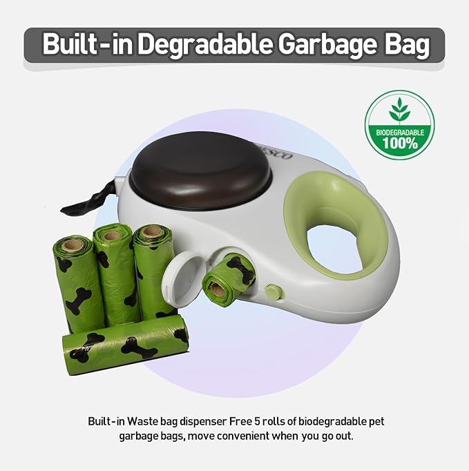 Retractable Dog Leash – 13ft Tangle-Free Lead with Bungee Extender, LED Flashlight, Dual Bowls for Food & Water, Poop Bag Dispenser (Includes 5 Rolls) – for Outdoor Walking Dogs up to 55 lbs (Green)