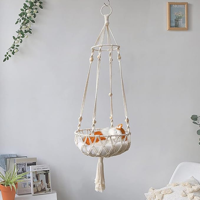 Hanging Macrame Cat Hammock Bed, Hanging Cat Bed, Boho Wall Hanging Cat Hammock for Indoor Outdoor Home Decor, Swing Bed for Cat Small Dog Sleeping Playing Climbing