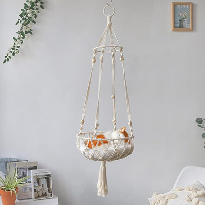 Macrame Cat Hammock - Handwoven Hanging Bed Swing, Boho Wall Decor for Small and Large Indoor Cats