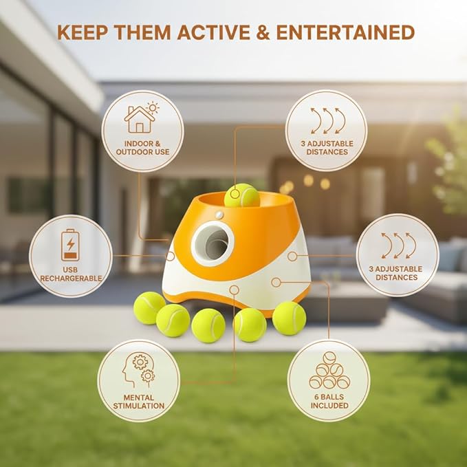 Dog Ball Thrower – Automatic Interactive Pet Tennis Ball Launcher with 6 Balls, USB Charging & Multiple Distance Settings Indoor & Outdoor Training & Play Toy for Small & Medium Dogs (Yellow)