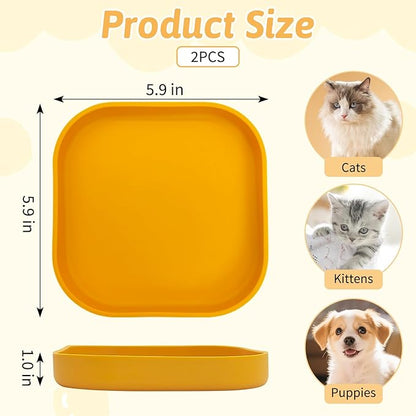 Fhiny 2PCS Silicone Cat Bowls Set 5.9 x 5.9 in Shallow Dog Dish Whisker Friendly Cat Food Plate for Dry & Wet Food Dishwasher Safe Non-Slip Pet Feeding Bowls for Kittens and Puppies (Yellow)