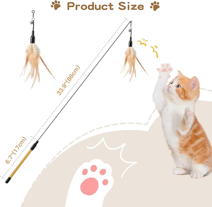 Pawaboo Feather Teaser Cat Toy - Interactive Wand with Extra Long 34.5" Wand and Small Bell, Fun Exerciser Playing Toy for Kittens or Cats, Brown Feather