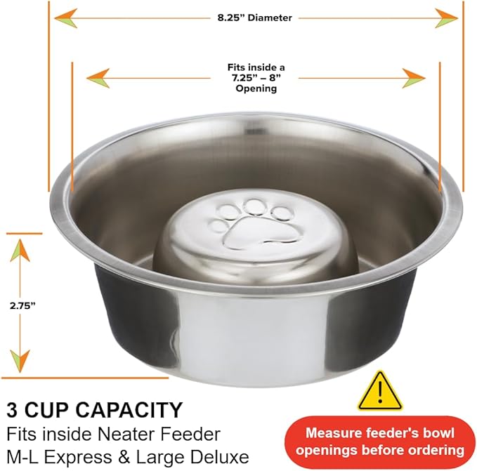 Neater Pet Brands Stainless Steel Slow Feed Dog Bowl for Fast Eating Large Breed, Metal Slow Feeder Dog Bowl Fits in Large Neater Feeders, for Puppy or Dogs (>40 lbs), 3 Cup Food Capacity