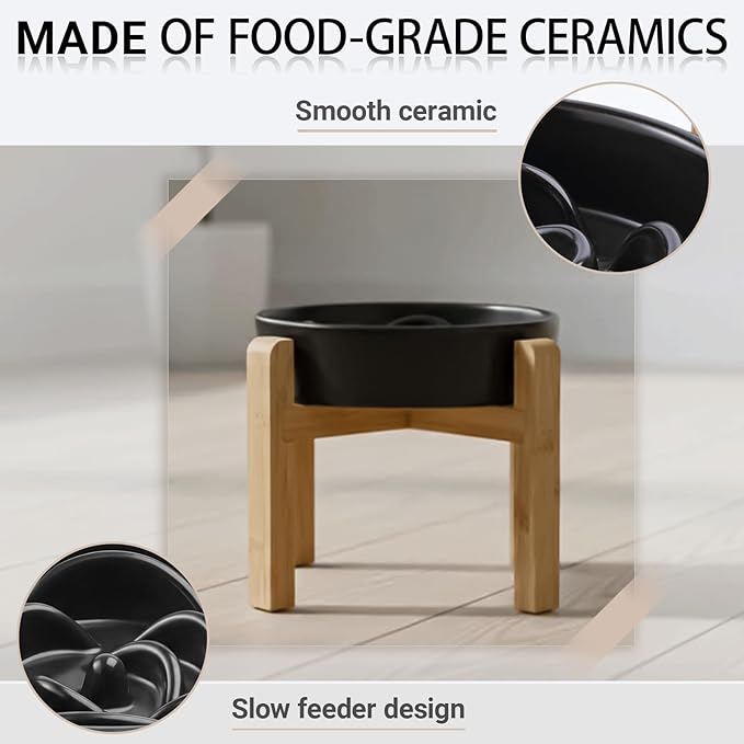 Petygooing 8.66 in Dog Bowl Ceramic Slow Feeder for Medium Large Dogs,Elevated/Raised Slow Feeding Dog Food Water Dish Heavy Weighted,Puzzle Eating Bowl Modern Maze (Black, 8.66in)