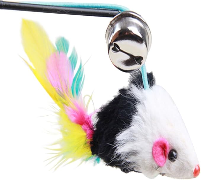 Giveme5 3pcs Funny Pet Feather False Mouse with Plastic Stick 31cm and Small Bell Cat Kitten Playing Scratch Toy (Color Random)