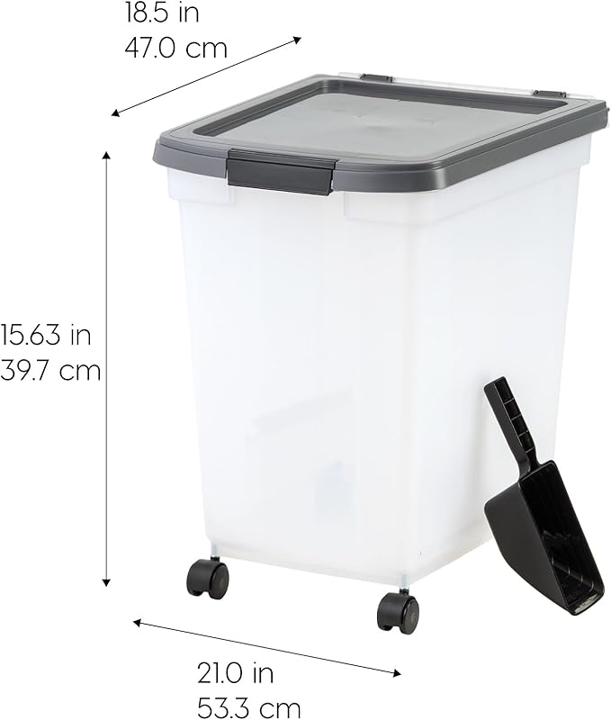 IRIS USA Dog Food Storage Container 50 lbs, with Removable Rolling Wheels & Included Scoop, for Dog Cat Bird and Other Pets, Food Storage Bin, Keep Fresh, Made in USA, Clear/Dark Gray