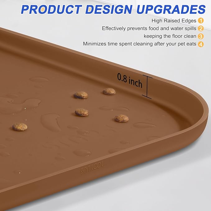 Silicone Pet Feeding Mat with Raised Edge for Food and Water, Dog Bowl Mats, Cat Bowls Placemat with High Lip for Floor Waterproof, Rubber Tray for Cats and Dogs 22 x 14 x0.8 Brown