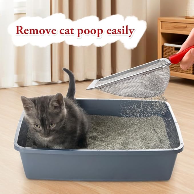 Cat Litter Scoop - Long Handle Scooper, Rustproof Stainless Steel Mesh, Non-Slip Grip, Deep Shovel Sifter for All Litter Types, Easy Clean Kitty Waste Litter for Litter Box(Red)